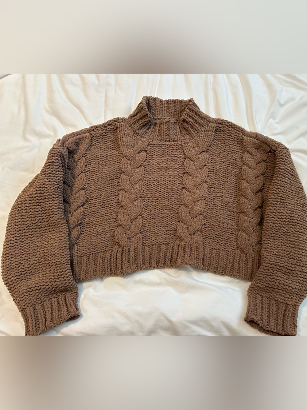Altar’d State Cropped Cable Knit Turtleneck Sweater — Brown